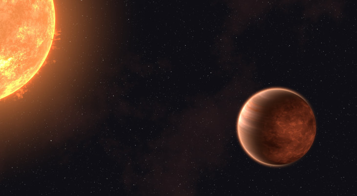 Een artistieke impressie van exoplaneet WASP-43b die dicht om zijn moederster draait. (c) T. Müller/MPIA/HdA