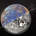 Impressie van de planeet Mercurius (linksboven) en diens inwendige (rechtsonder), waar zich mogelijk een 16 kilometer dikke laag diamant bevindt. © Robert Lea NASA/Johns Hopkins University Applied Physics Laboratory/Carnegie Institution of Washington