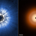 Tweemaal de schijf rond de ster Wega: links gezien door het oog van Hubble, rechts gezien door dat van Webb. © NASA, ESA, CSA, STScI, S. Wolff (University of Arizona), K. Su (University of Arizona), A. Gáspár (University of Arizona)