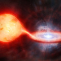 Artist’s impression van een extragalactische recurrente nova. Nova-explosies vinden plaats in dubbelstersystemen waarin een witte dwerg materie opslokt van een begeleidende ster. © International Gemini Observatory/NOIRLab/NSF/AURA/M. Garlick, M. Zamani