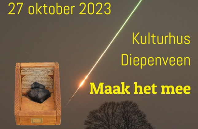 Flyer van de dag van de meteoriet (klik voor groter). Foto's Gijs de Reijke en Marco Langbroek