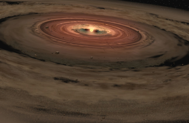 Artistieke weergave van een protoplanetaire schijf rond een heel lichte ster. (c) NASA/JPL-Caltech/T. Pyle (SSC)