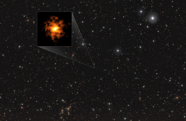 Het REBELS-25-sterrenstelsel. (c) ALMA (ESO/NAOJ/NRAO)/L. Rowland et al./ESO/J. Dunlop et al. Ack.: CASU, CALET