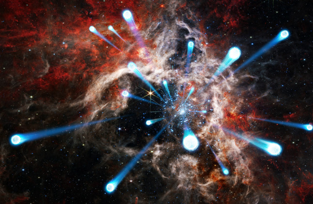 Artistic impression of star cluster R136 with runaway stars. Credit: Danielle Futselaar, James Webb Space Telescope/NIRCam - NASA, ESA, CSA and STScI