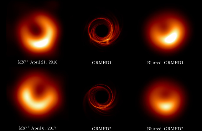 Waargenomen en gesimuleerde beelden van M87*, het superzware zwarte gat in het centrum van sterrenstelsel M87. (c) EHT Collaboration