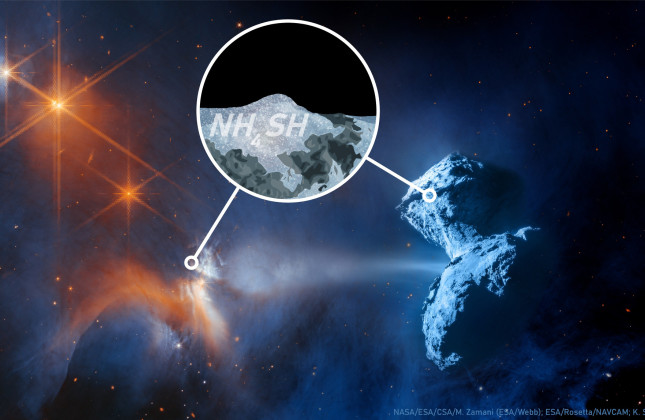 Samengestelde afbeelding van een stervormingsgebied (links) en de komeet 67P (rechts). (c) NASA/ESA/CSA/M. Zamani (ESA/Webb); ESA/Rosetta/NAVCAM; K. Slavicinska