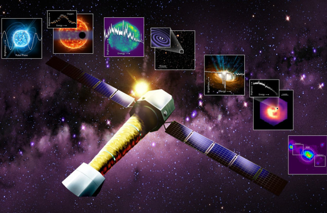 Artistieke weergave van detoekomstige NewAthena-röntgentelescoop met daarbij de verschillende wetenschappelijke doelen. (c) ESA