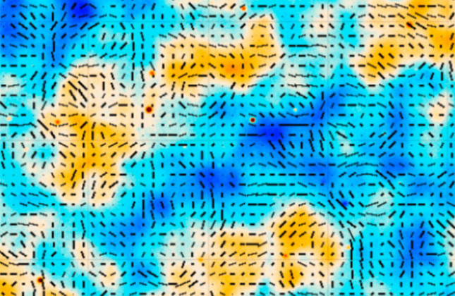 Stukje van de kosmische achtergrondstraling, gebaseerd op gegevens van de Atacama Cosmology Telescope en de Planck-satelliet. De kleuren geven de kleine temperatuurvariaties in het jonge heelal aan. © ACT COLLABORATION