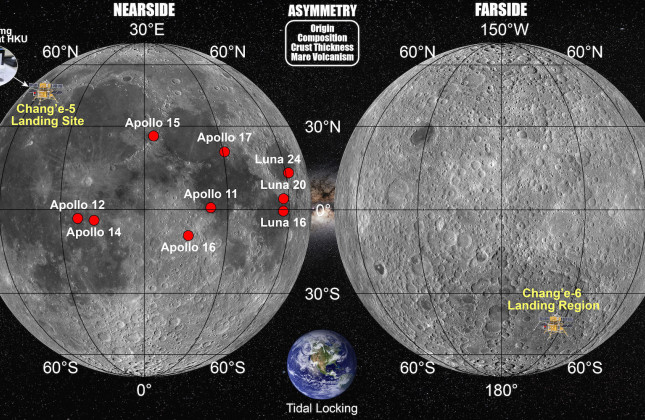 Overzichtkaarten van de voor- en achterkant van de maan, met de landingsplaatsen van de   Chang’e-6 en diens voorganger Chang’e-5. © Yuqi Qian