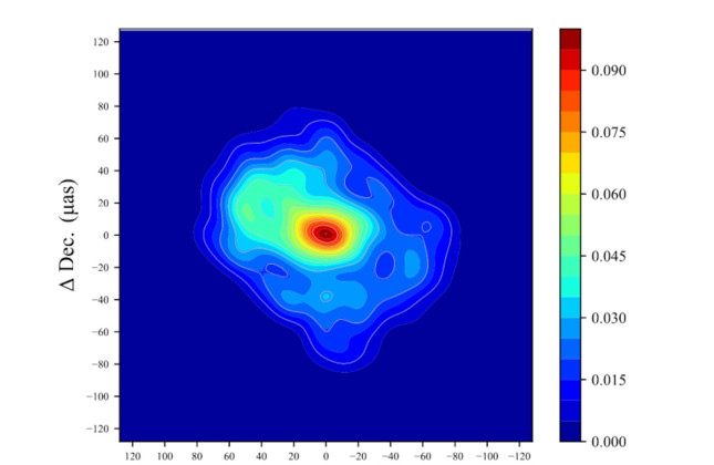 Radiokaart van Sagittarius A* op basis van een nieuwe analyse. Da vorm wijkt duidelijk af van de foto die in 2022 is gepubliceerd. © Miyoshi et al.