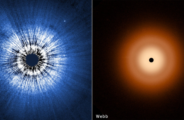 Tweemaal de schijf rond de ster Wega: links gezien door het oog van Hubble, rechts gezien door dat van Webb. © NASA, ESA, CSA, STScI, S. Wolff (University of Arizona), K. Su (University of Arizona), A. Gáspár (University of Arizona)