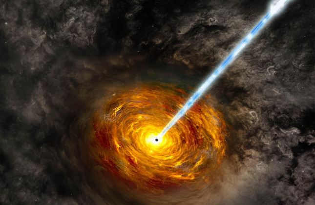 Impressie van een quasar in het vroege heelal. © AI-generated image created with researcher illustration, edited by Michael S. Helfenbein