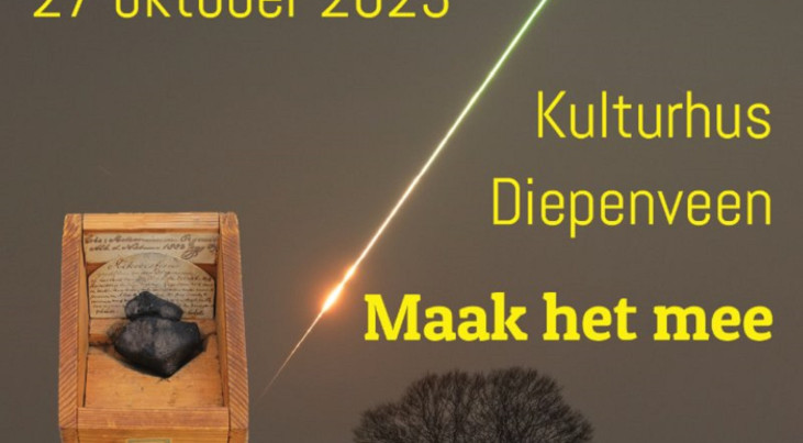 Flyer van de dag van de meteoriet (klik voor groter). Foto's Gijs de Reijke en Marco Langbroek