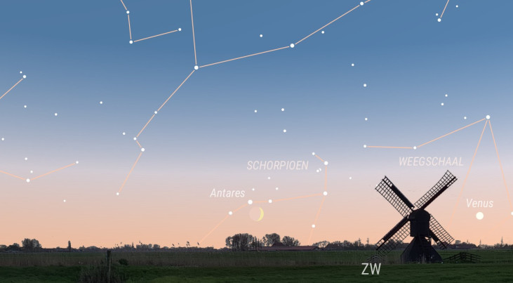 7 oktober: Antares (Schorpioen) linksboven maan