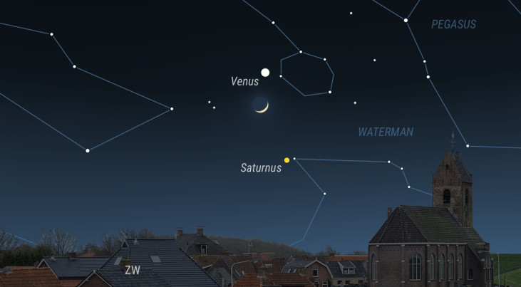 1 februari: Venus boven, Saturnus onder maansikkel