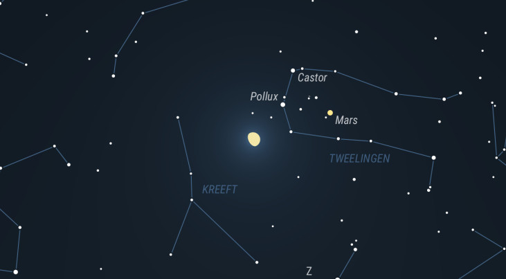 9 maart: Mars rechts van maan