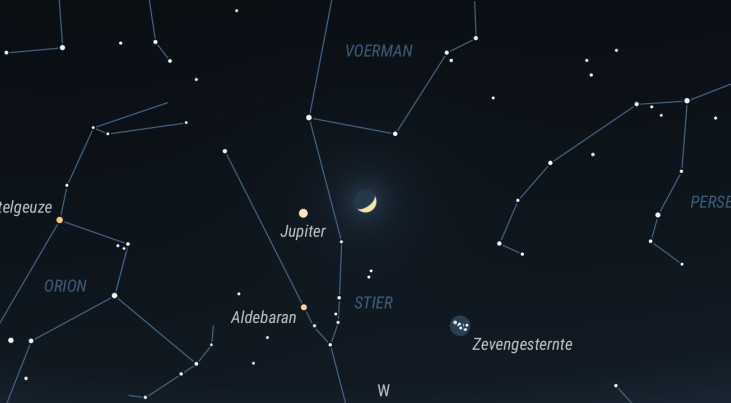 2 april: Jupiter links van maan