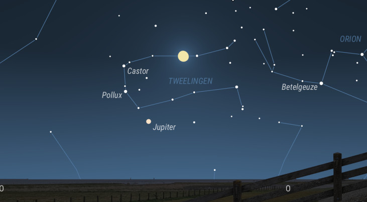 6 december: Jupiter linksonder maan