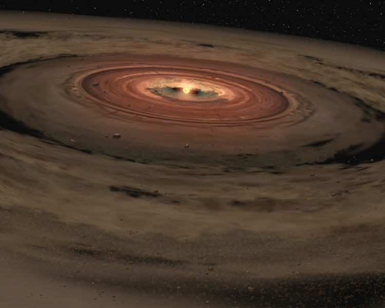 Artistieke weergave van een protoplanetaire schijf rond een heel lichte ster.